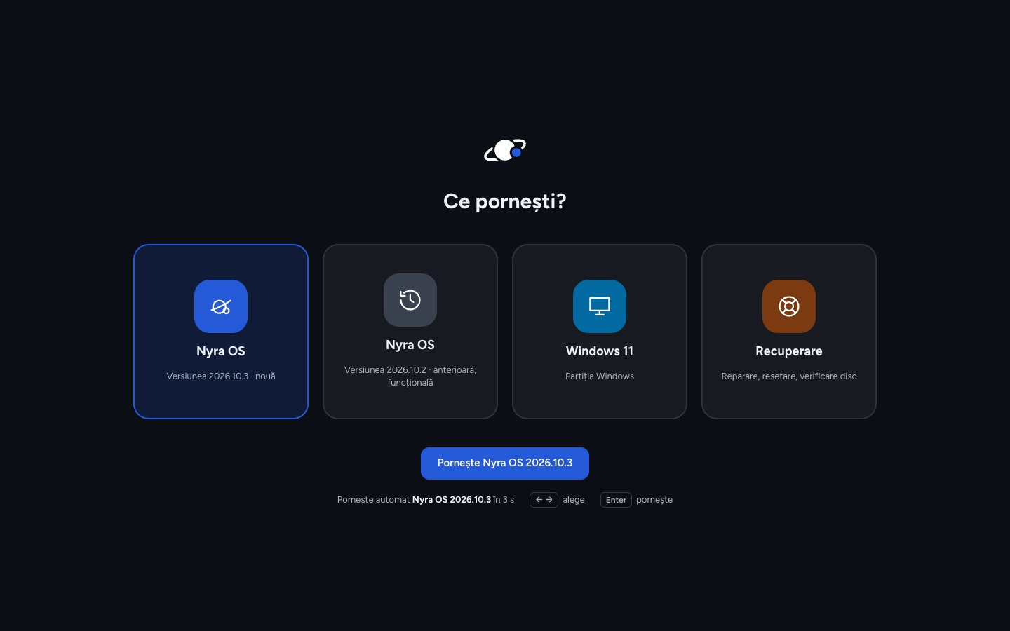 Meniul de pornire cu versiunea nouă, versiunea anterioară, Windows 11 și Recuperare.