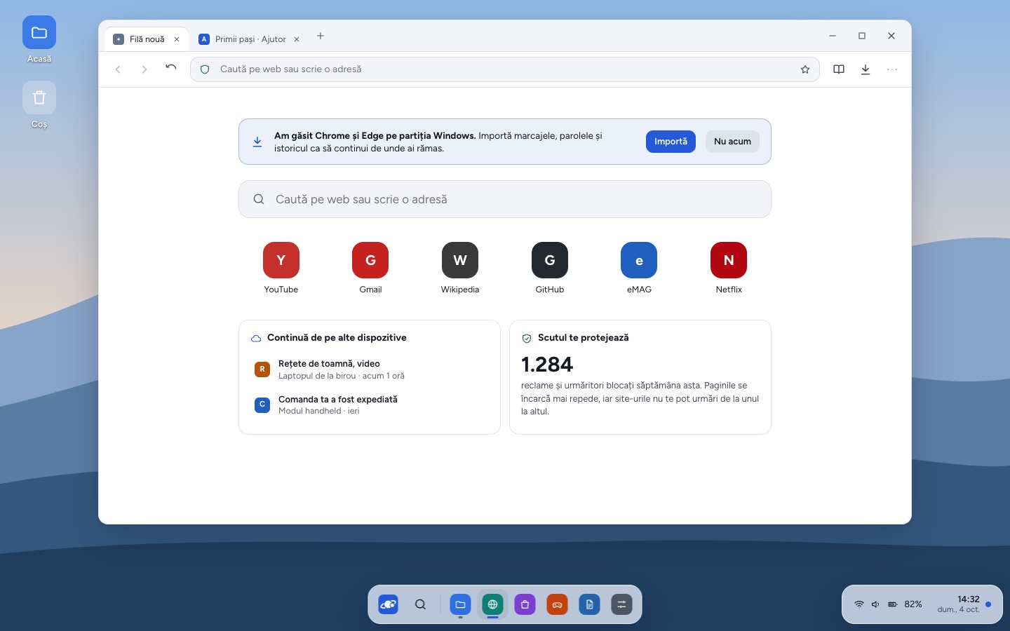 Browserul Nyra cu pagina de filă nouă, comenzi rapide și propunerea de import din Chrome și Edge.
