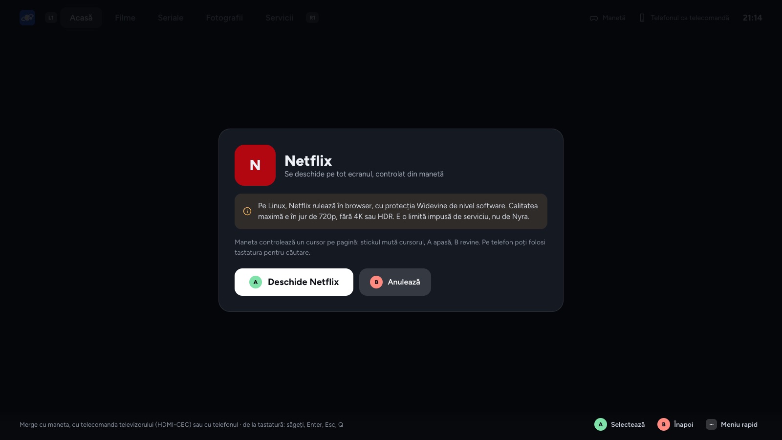 Fereastra care deschide Netflix în modul cinema și explică limita de 720p pe Linux.