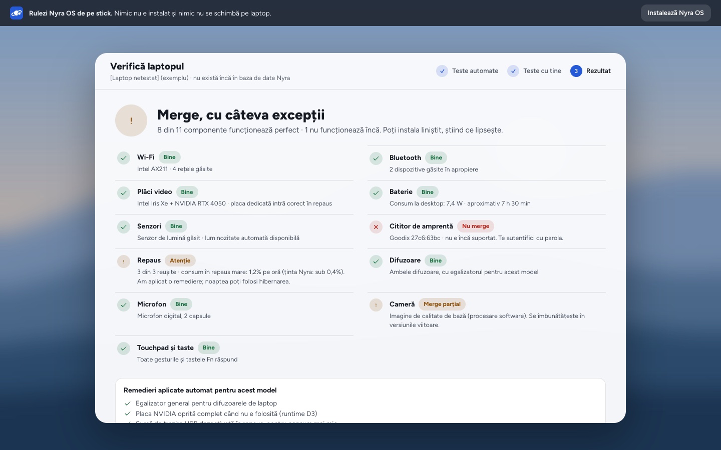 Raportul Verifică laptopul: 8 din 11 componente funcționează perfect, cititorul de amprentă nu e încă suportat, remedierile aplicate automat.