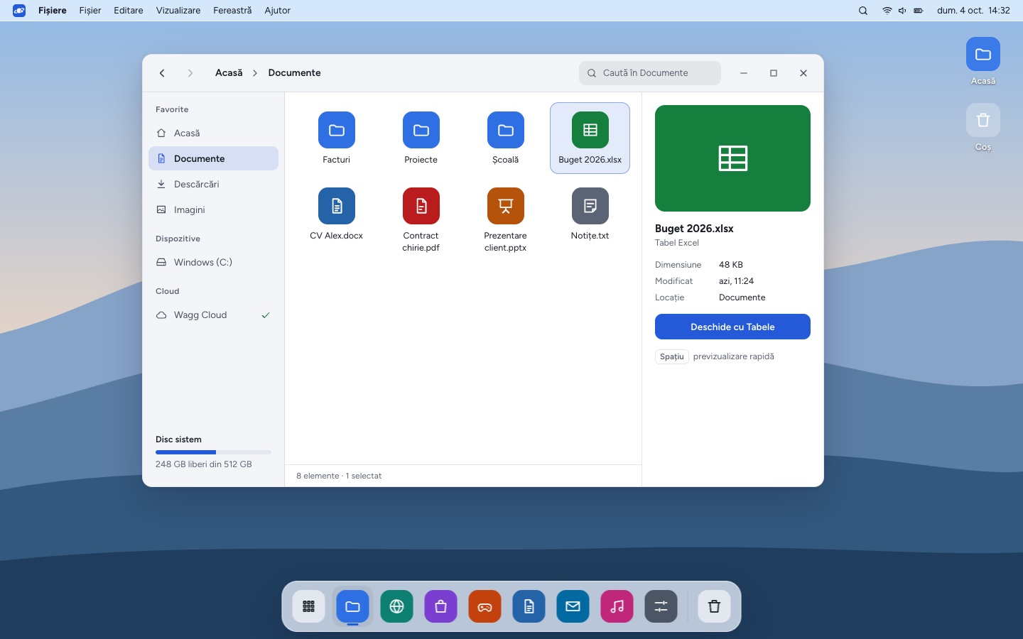 Desktopul în aranjarea macOS, cu bară de meniu sus și dock jos.