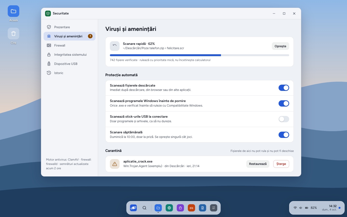 Scanare rapidă în curs, cu progres și opțiunile de protecție automată.