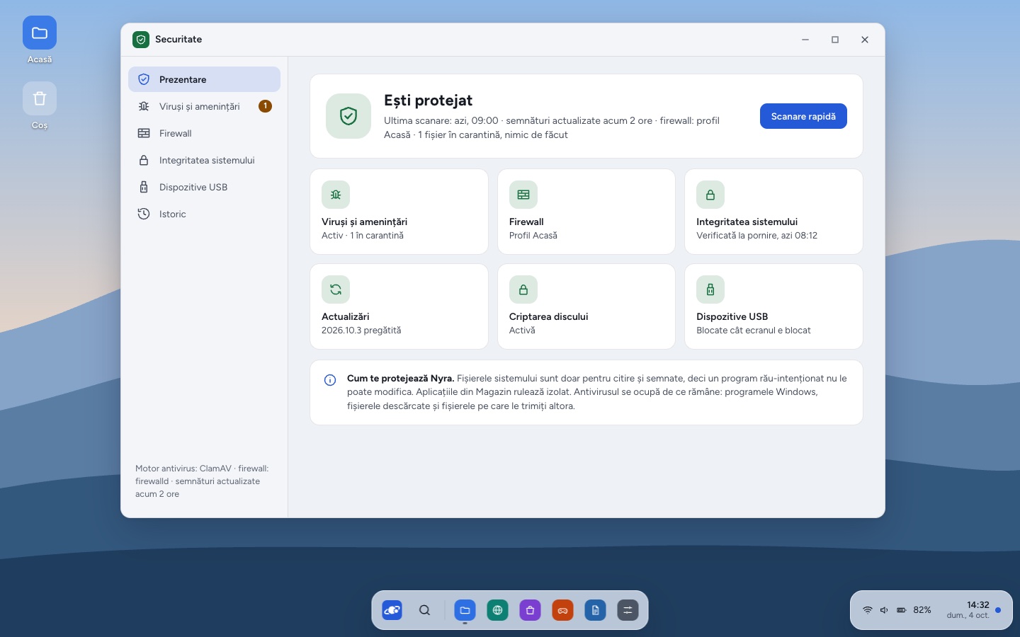 Aplicația Securitate: Ești protejat, cu carduri pentru viruși, firewall, integritatea sistemului, actualizări, criptare și dispozitive USB.