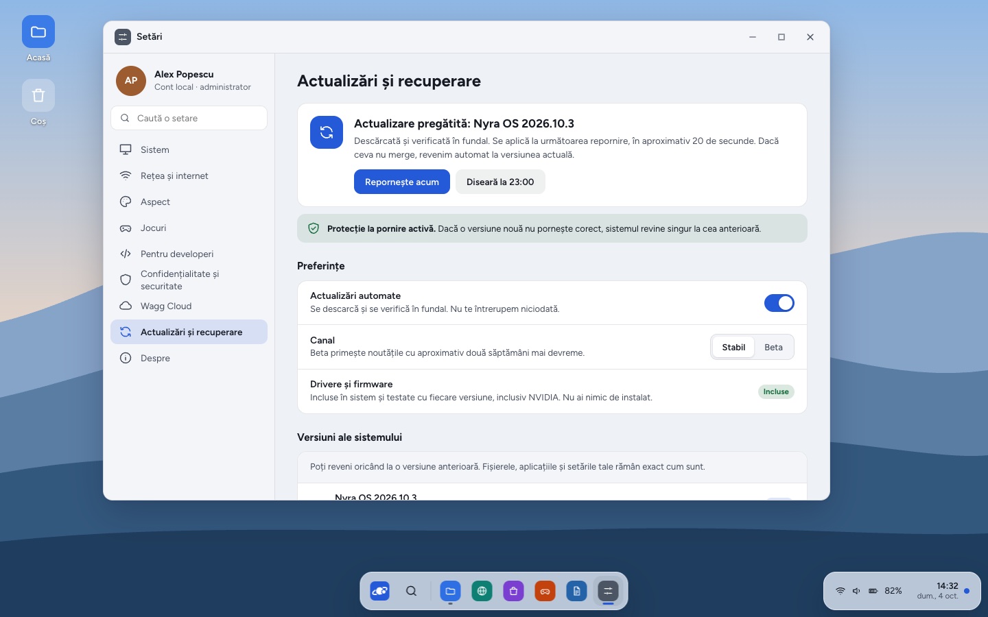 Fereastra Setări pe pagina Actualizări și recuperare: actualizare pregătită, protecție la pornire și lista versiunilor sistemului.
