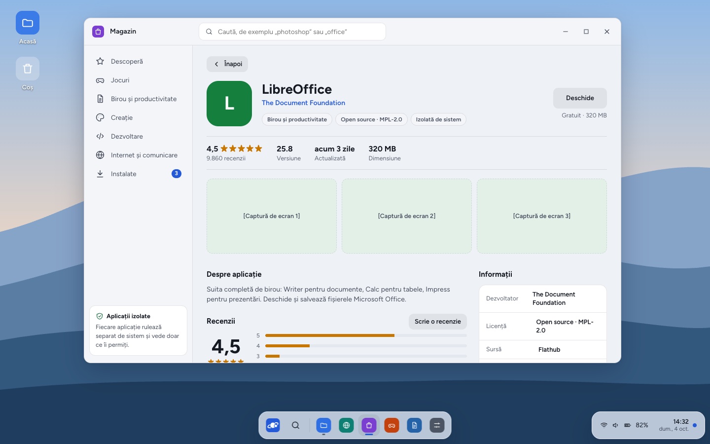 Magazinul, pe pagina LibreOffice: dezvoltator, licență, notă 4,5 din 9.860 de recenzii, capturi de ecran și informații.