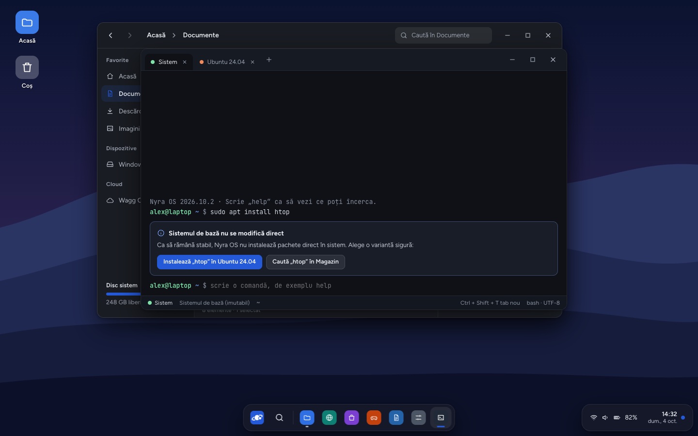 Terminalul cu două file, Sistem și Ubuntu 24.04, și un mesaj care explică de ce sistemul de bază nu se modifică direct, cu butoane pentru instalarea în Ubuntu sau căutarea în Magazin.